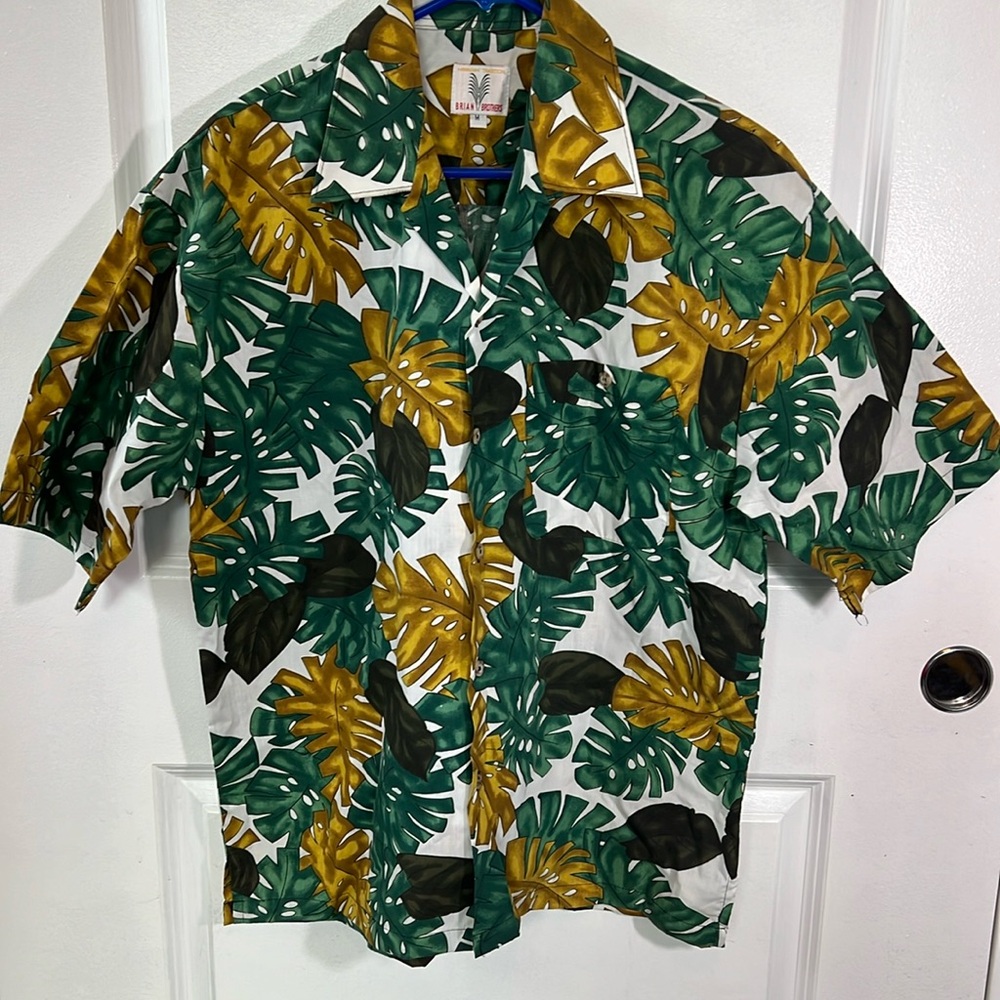 Vintage BRIAN BROTHERS green palm leaf Hawaiian Tradition button down shirt M